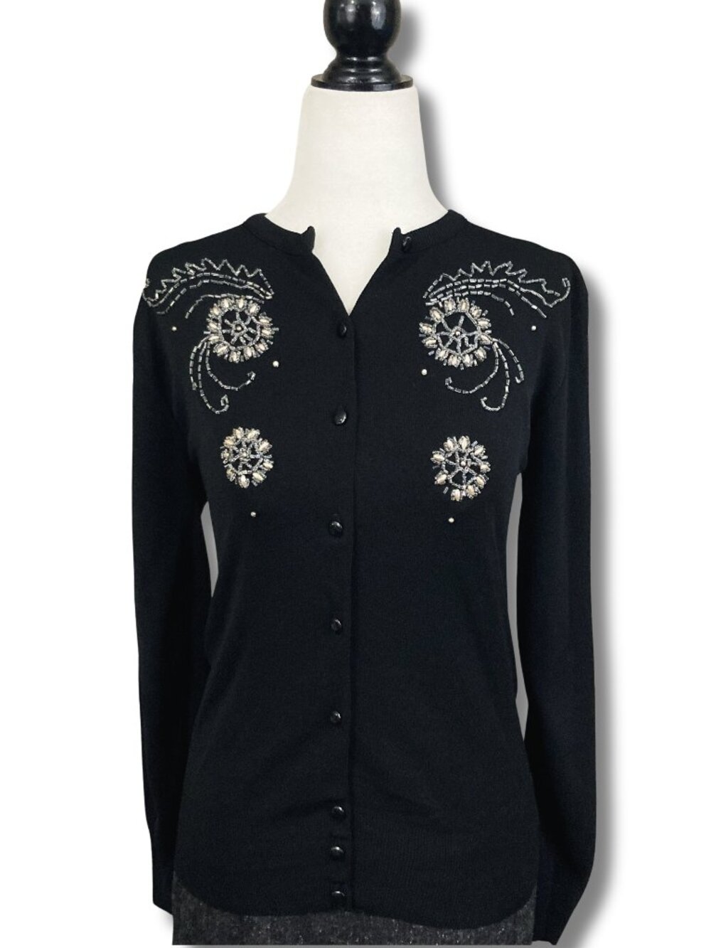 FUTURAMA Mid-century vintage beaded black thin knit cardigan 1950s SMALL MEDIUM